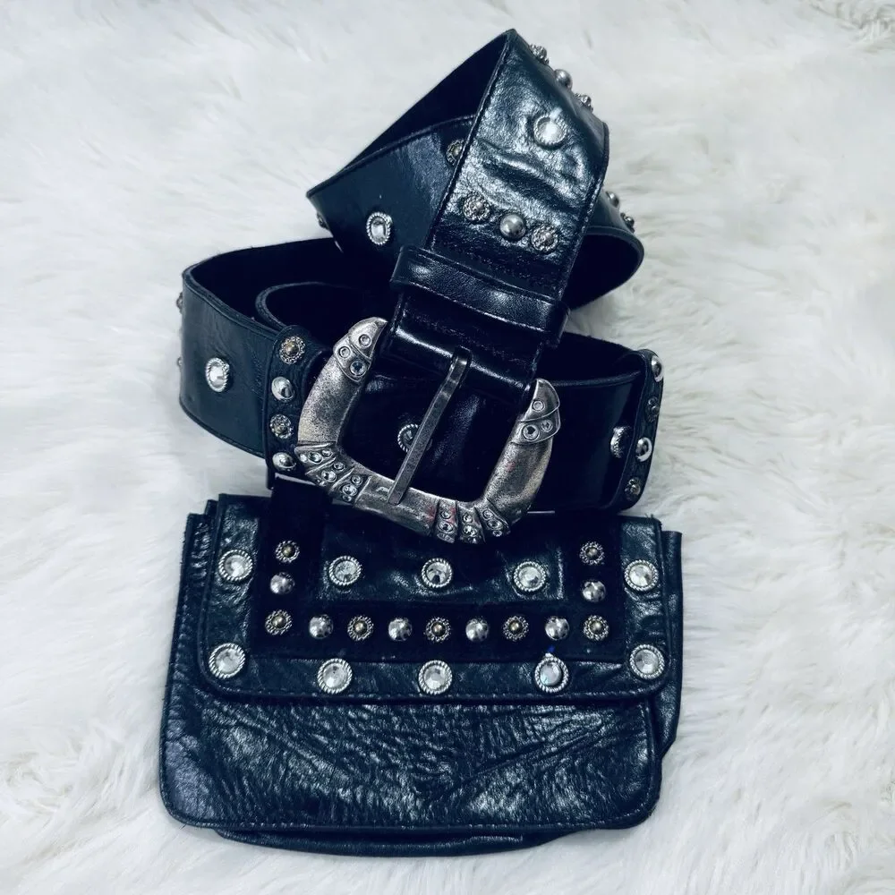 Vintage Mikki G Black Leather Jeweled Belt Bag Detachable XL 36-40 Waist USA